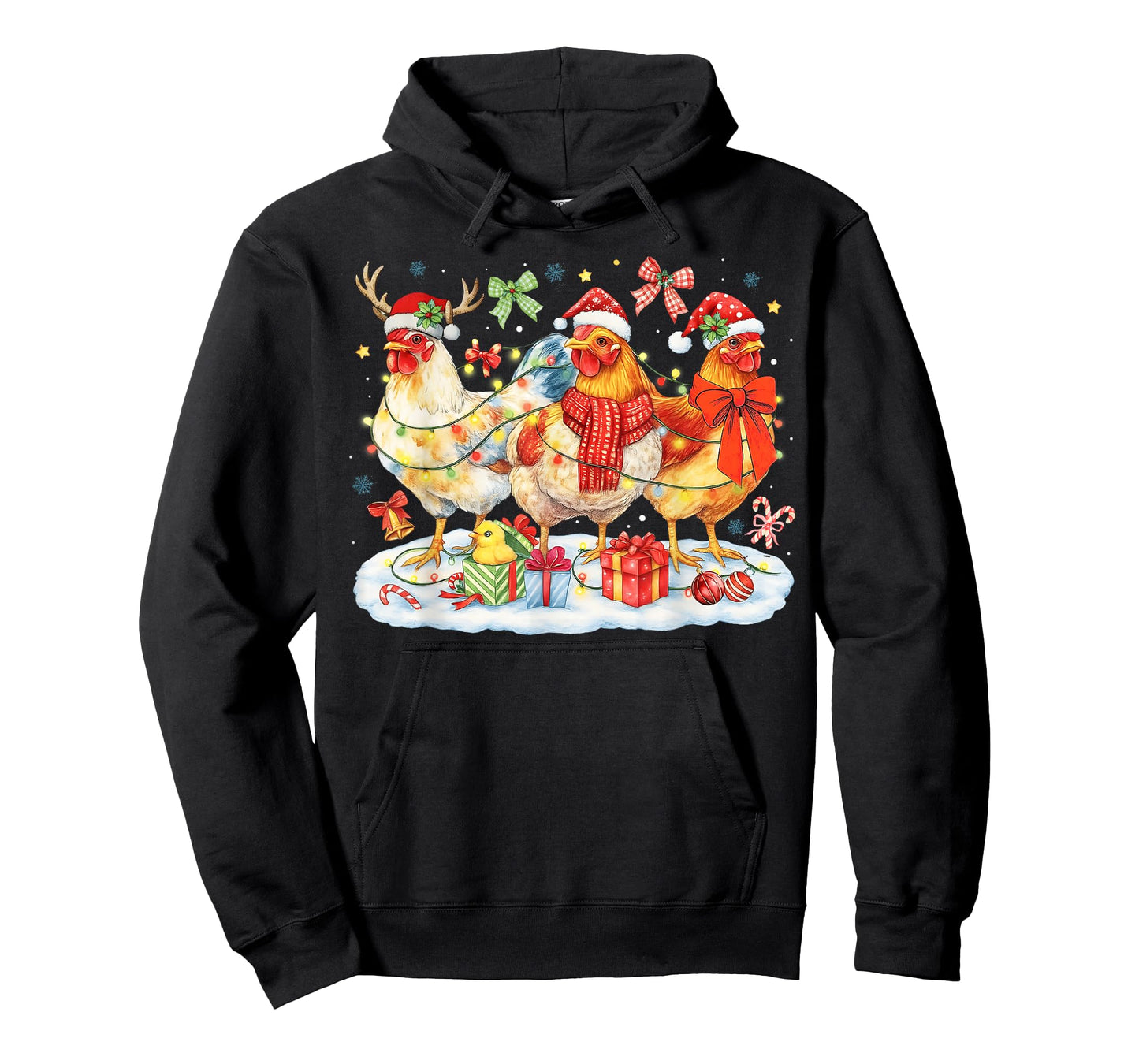 Chicken Christmas Lights Santa Hats Reindeer Funny Holiday T-Shirt