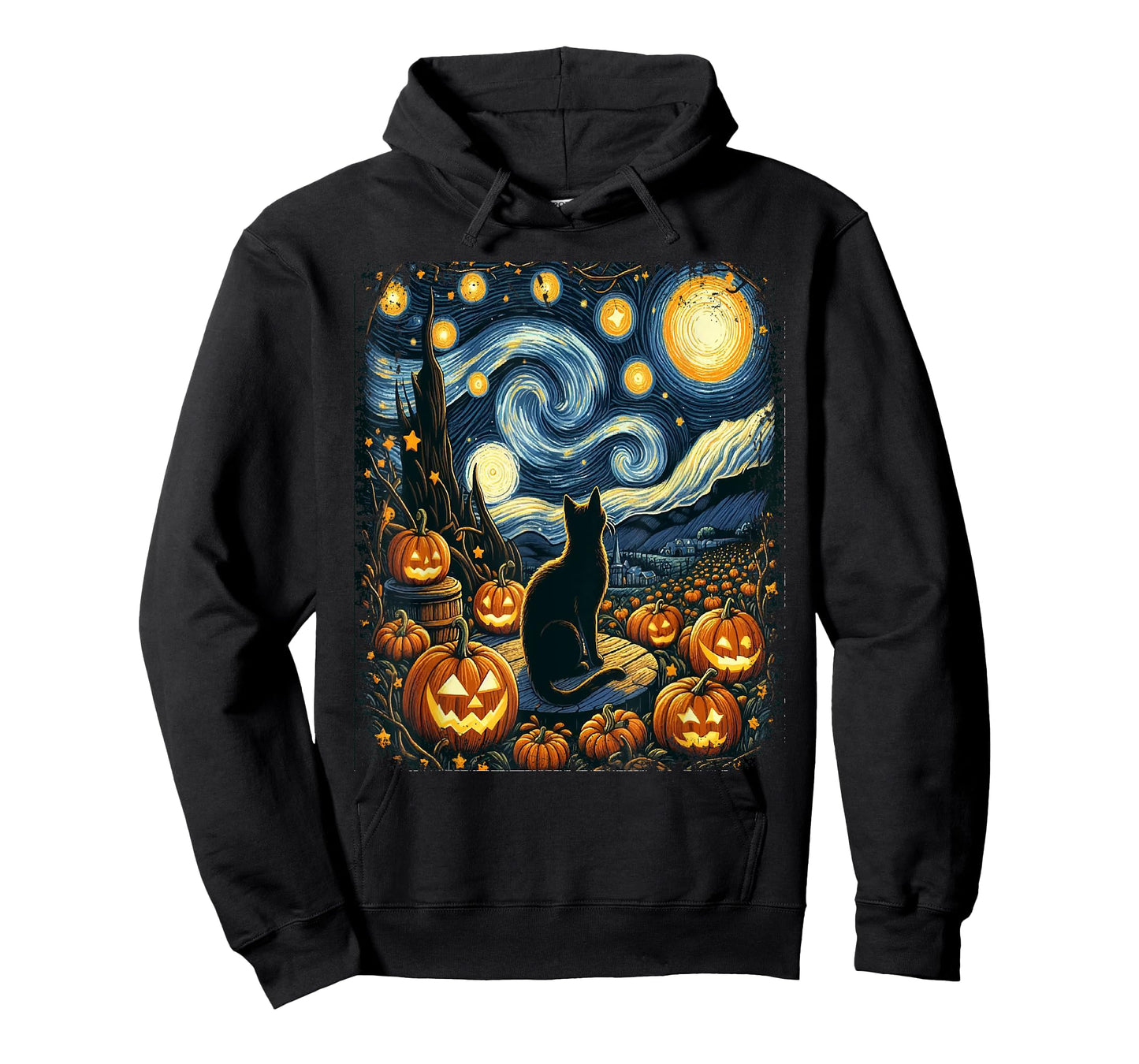 Halloween Van Gogh Starry Night Black Cat Pumpkins Men Women Kids T-Shirt