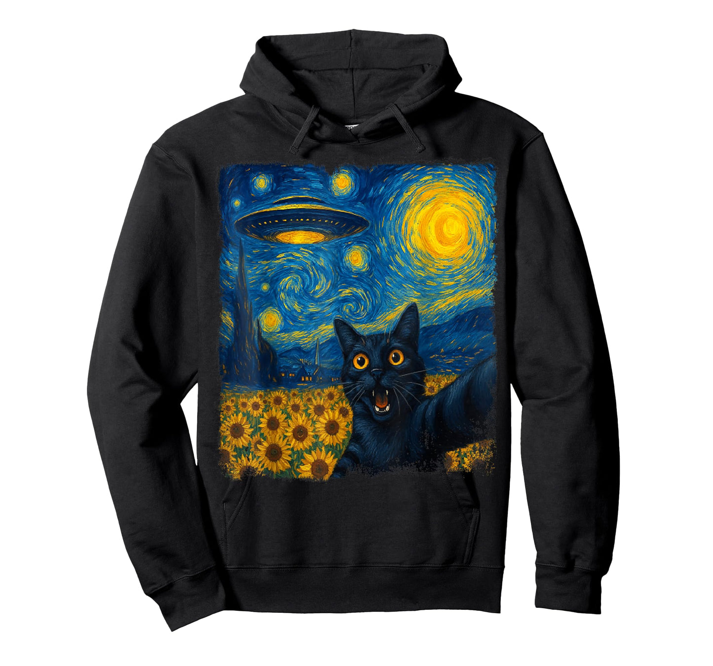 Cat Selfie with UFO Starry Night Van Gogh Cat Men Women Kids T-Shirt