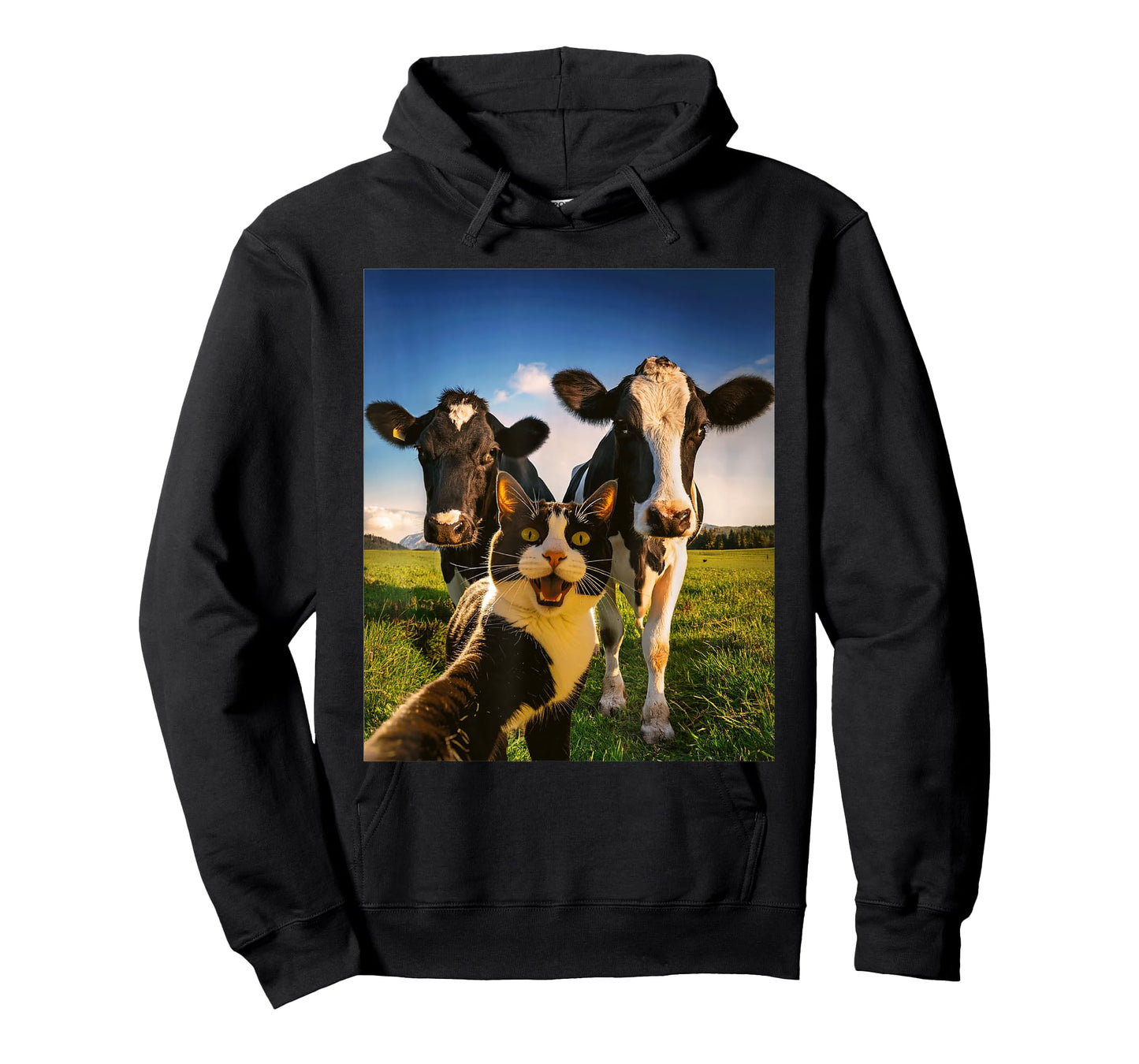Funny Tuxedo Cat Selfie with Cows Farm Field Animal T-Shirt