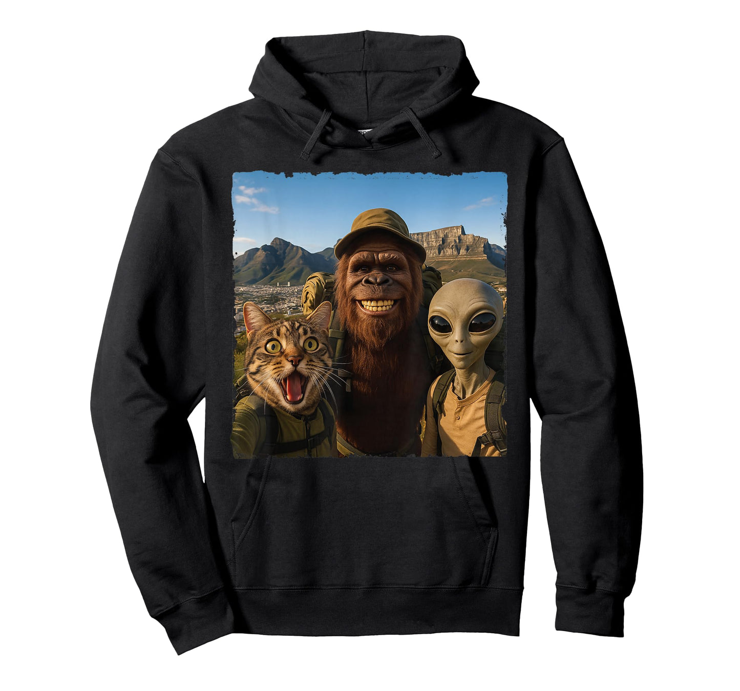 Bigfoot Alien Cat Funny Selfie Hiking Squad Cape Town T-Shirt