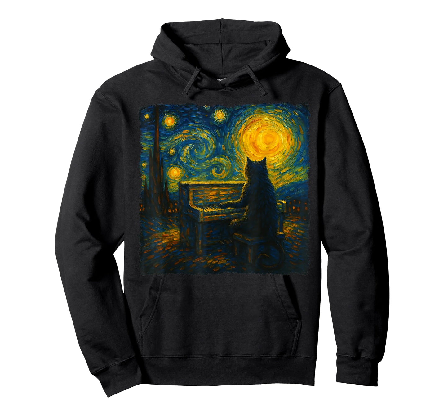 Funny Black Cat Playing Piano Starry Night Vincent Van Gogh T-Shirt