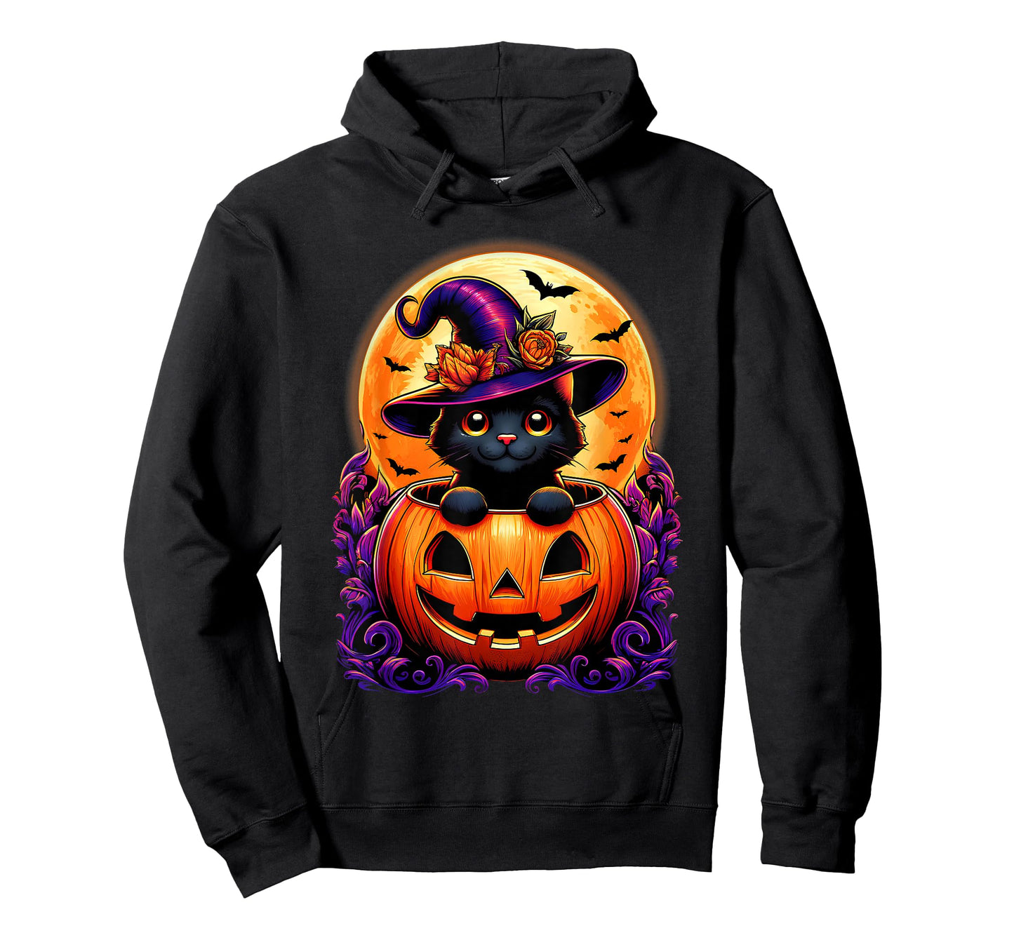 Black Cat Witch Hat Pumpkin Funny Halloween Men Women Kids T-Shirt