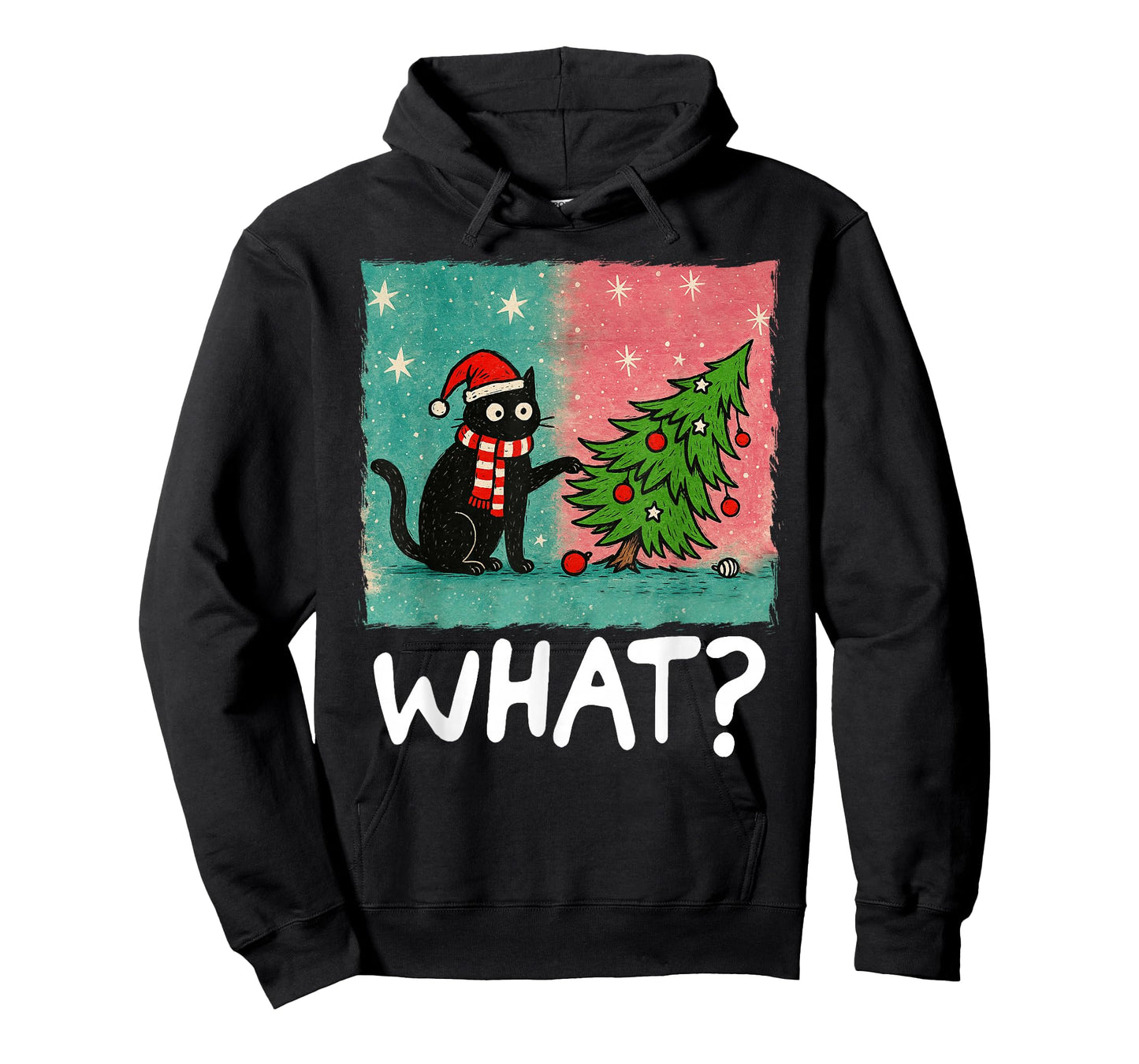 Funny Black Cat Gift Pushing Christmas Tree Over Cat What? T-Shirt