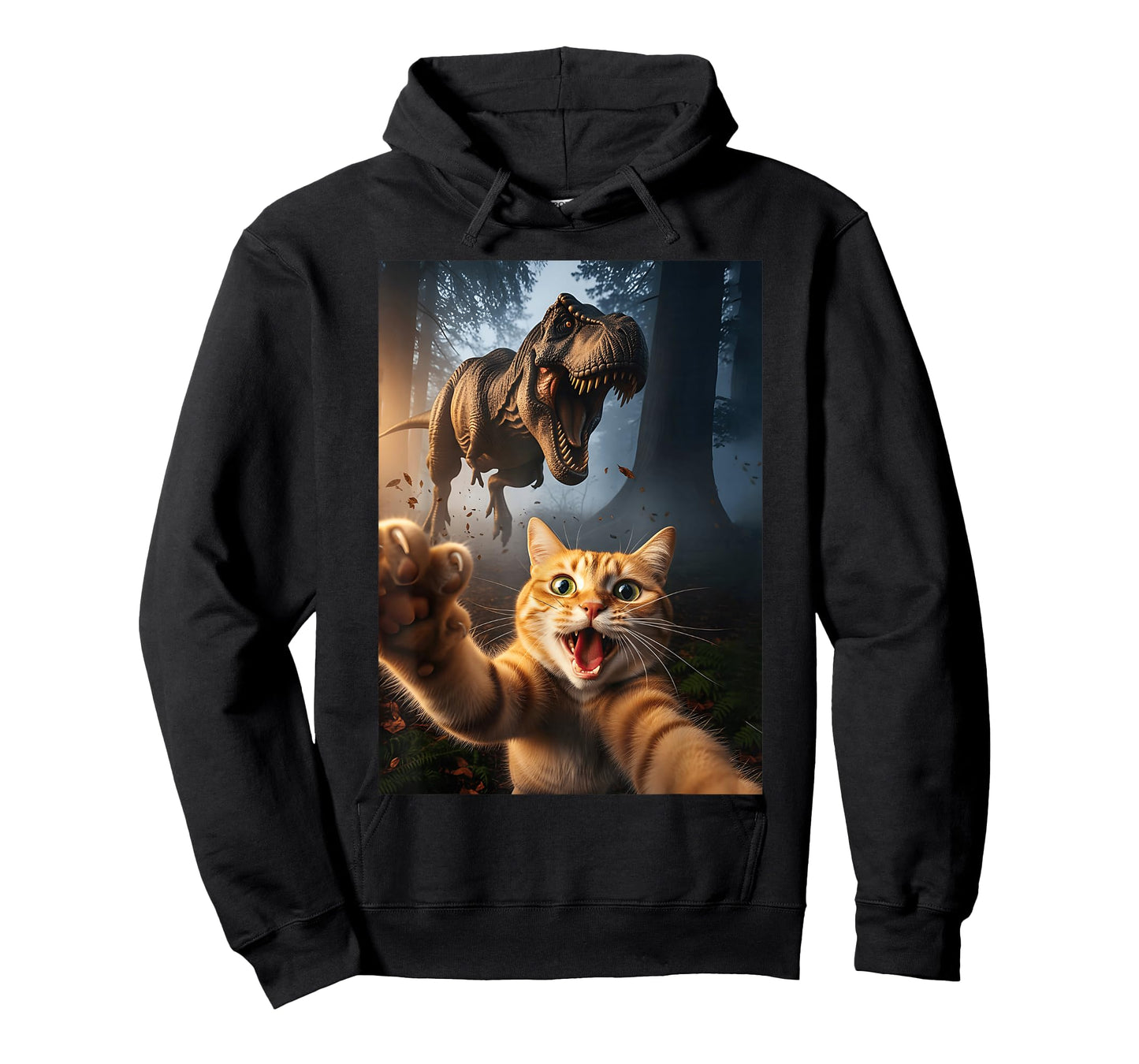 Orange Cat Selfie with T-Rex Dinosaur Funny Men Women Kids T-Shirt