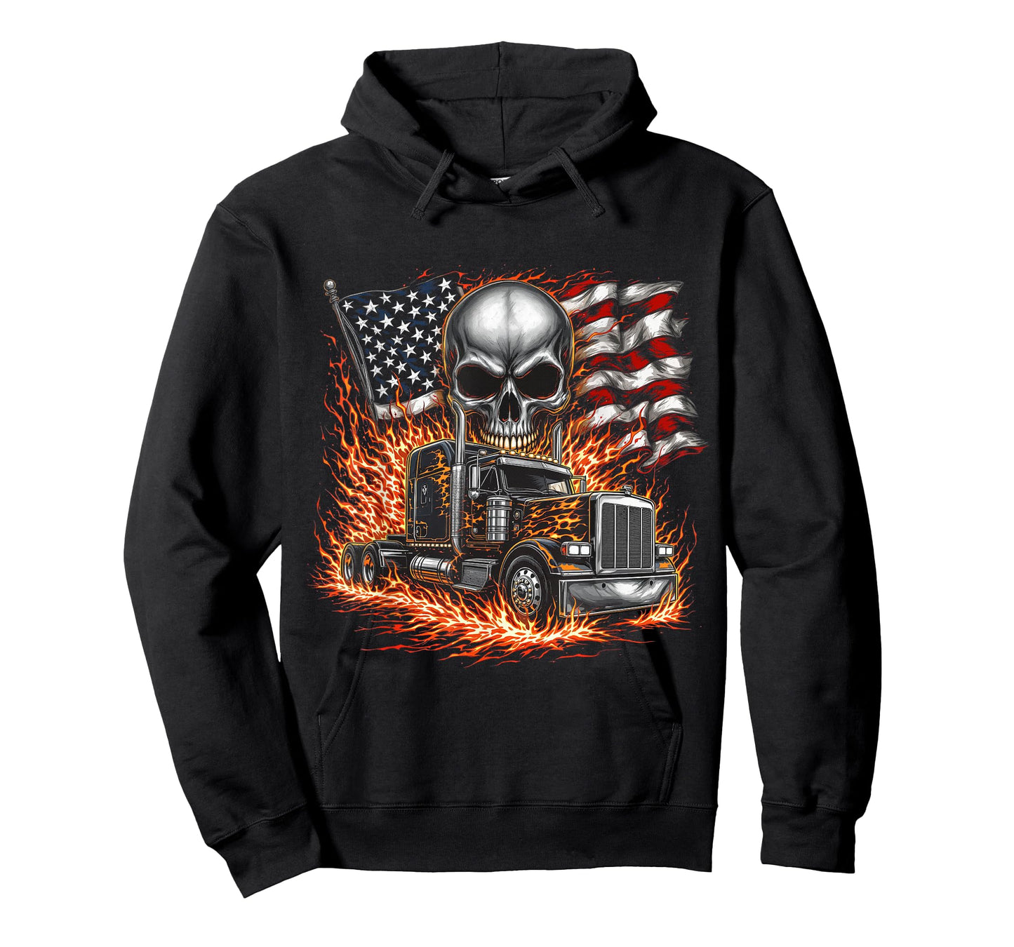 Trucker Patriotic American Flag Semi Truck Driver Skull T-Shirt