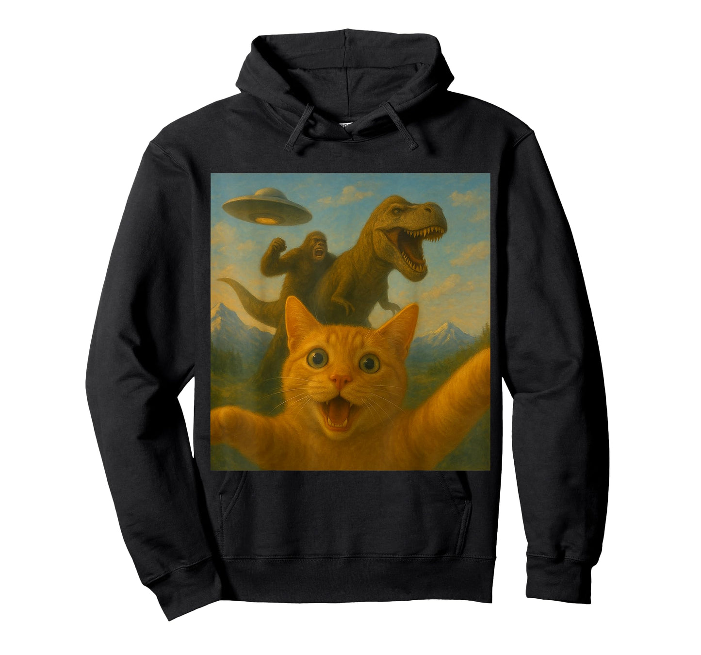 Funny Surprised Scared Cat Selfie T-Rex Dinosaur Bigfoot UFO T-Shirt