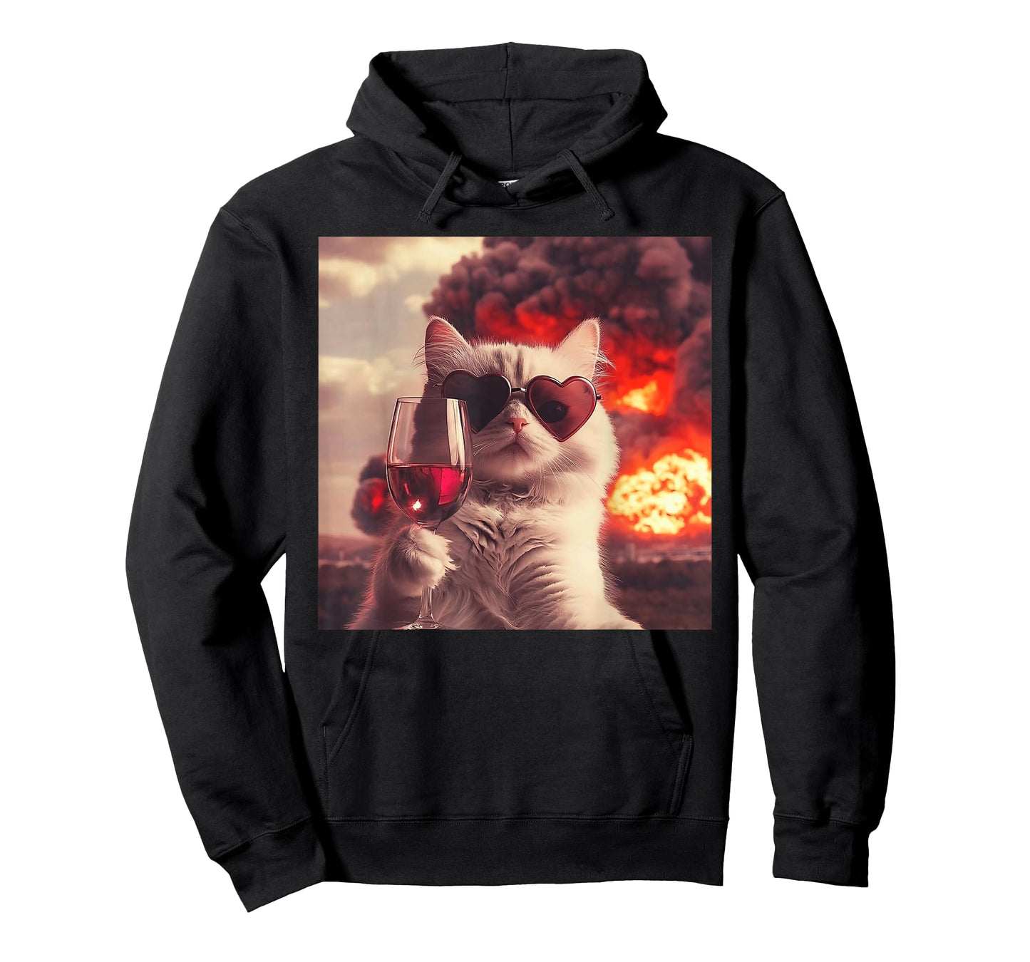 Wacky Cat Holding Wine Selfi with Fire Funny Sunglasses T-Shirt