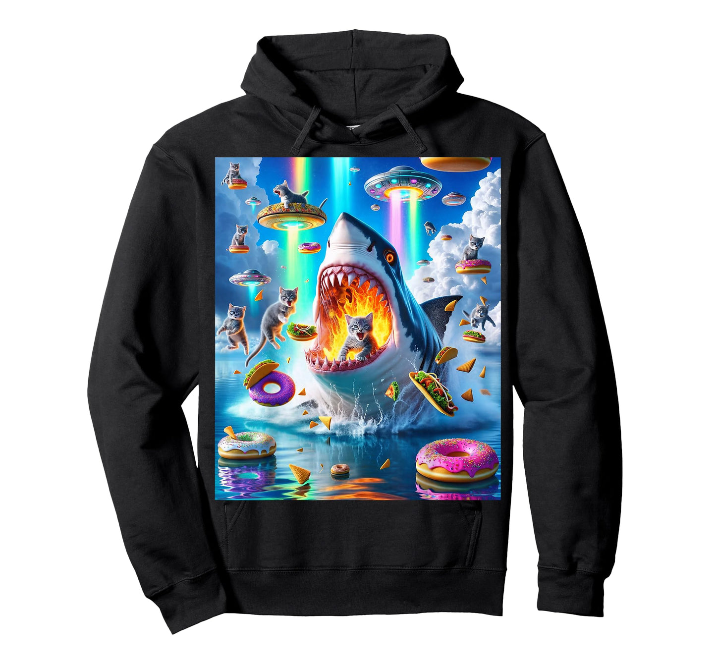 Cat Kitty Riding Fire Breathing Shark Rainbow Laser Taco T-Shirt