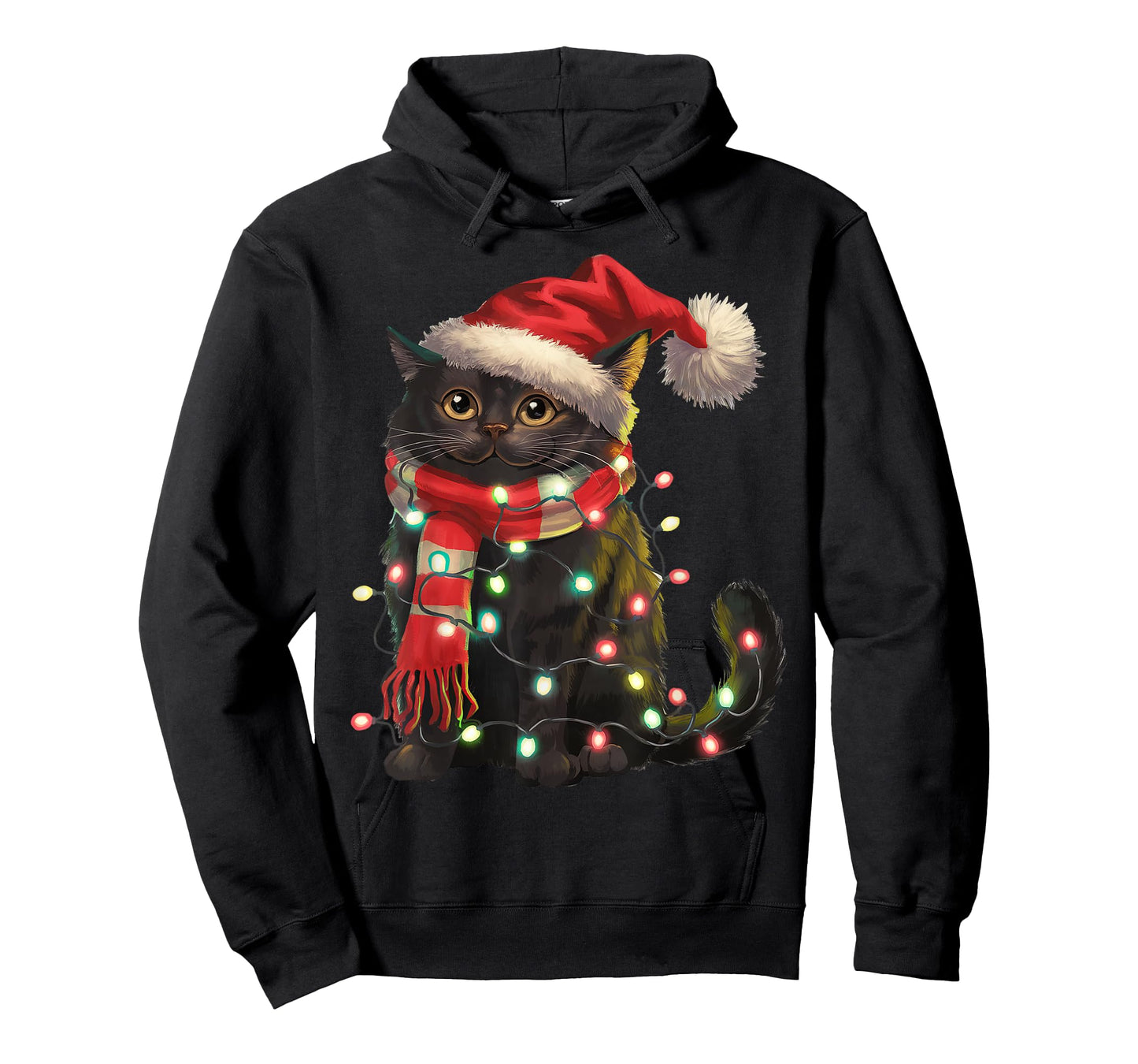 Black Cat Christmas Lights Santa Hat Christmas Cat Lover T-Shirt for Men Women Kids