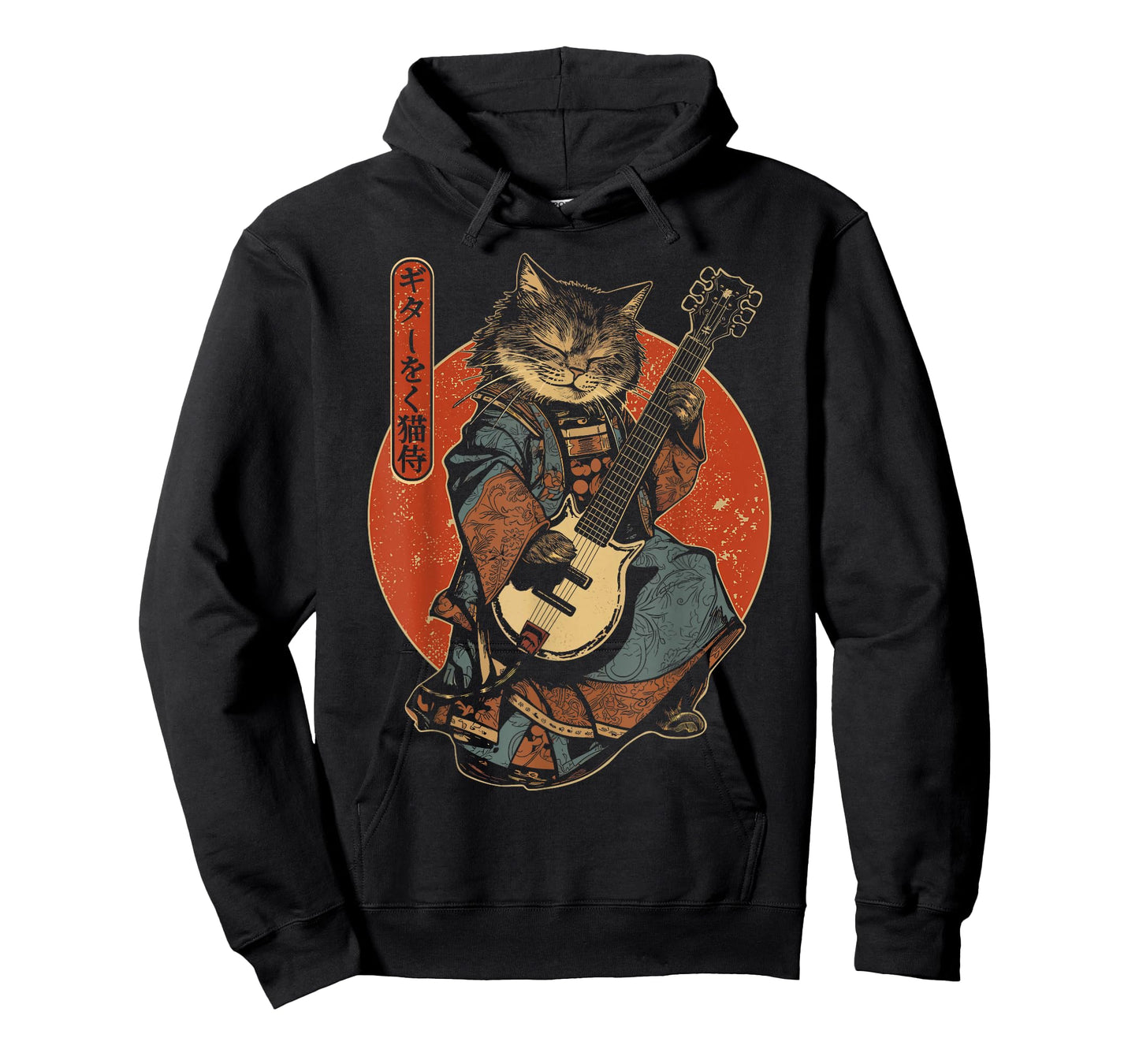 Japanese Samurai Cat Playing The Electric Guitar T-Shirt