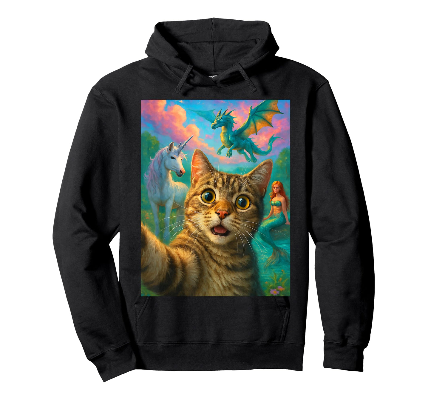 Cat Selfie with Mermaid Unicorn & Dragon Funny Meme T-Shirt