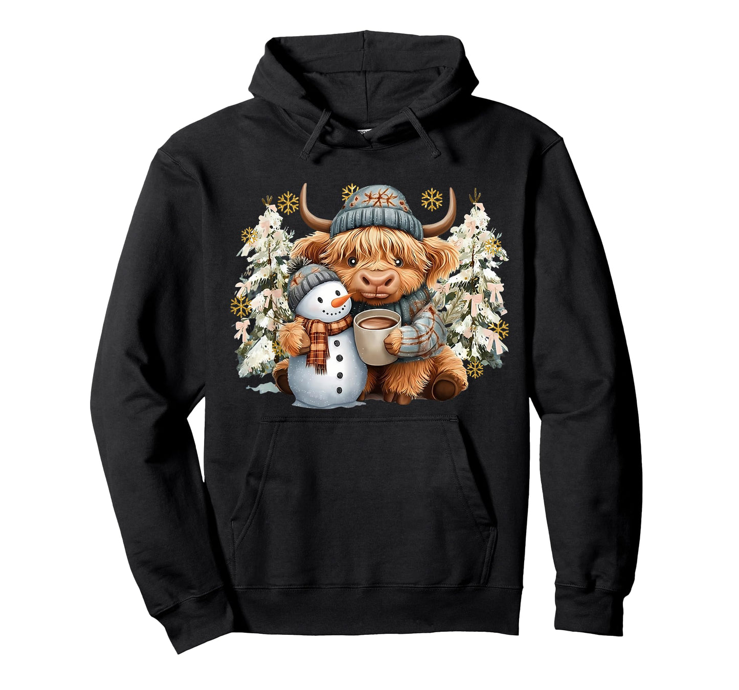 Cute Highland Cow with Snowman Hot Cocoa Christmas Trees T-Shirt
