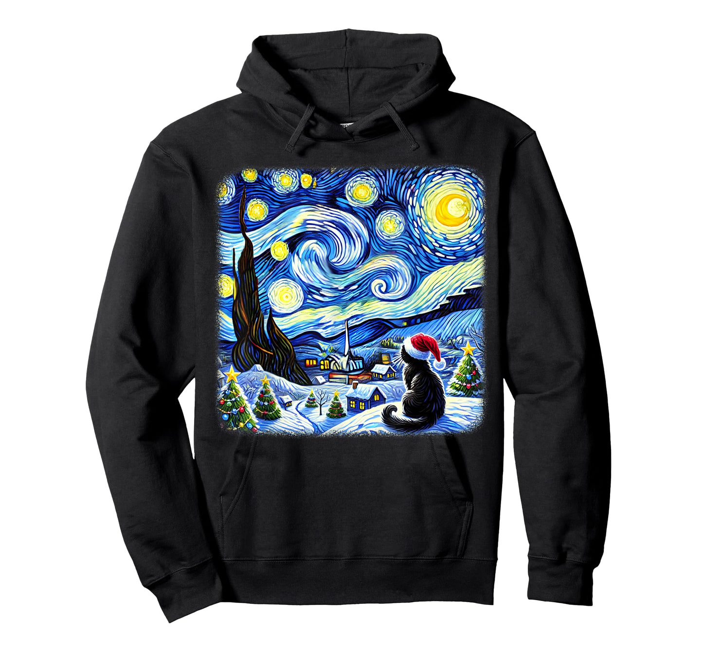 Christmas Van Gogh Starry Night Black Cat Santa Hat Xmas T-Shirt