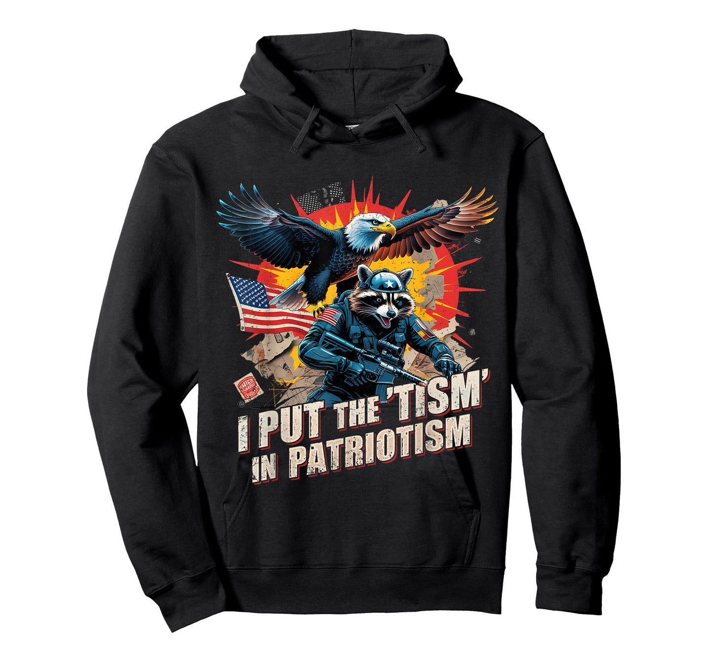 I Put The Tism in Patriotism Funny USA Patriotic Raccoon T-Shirt