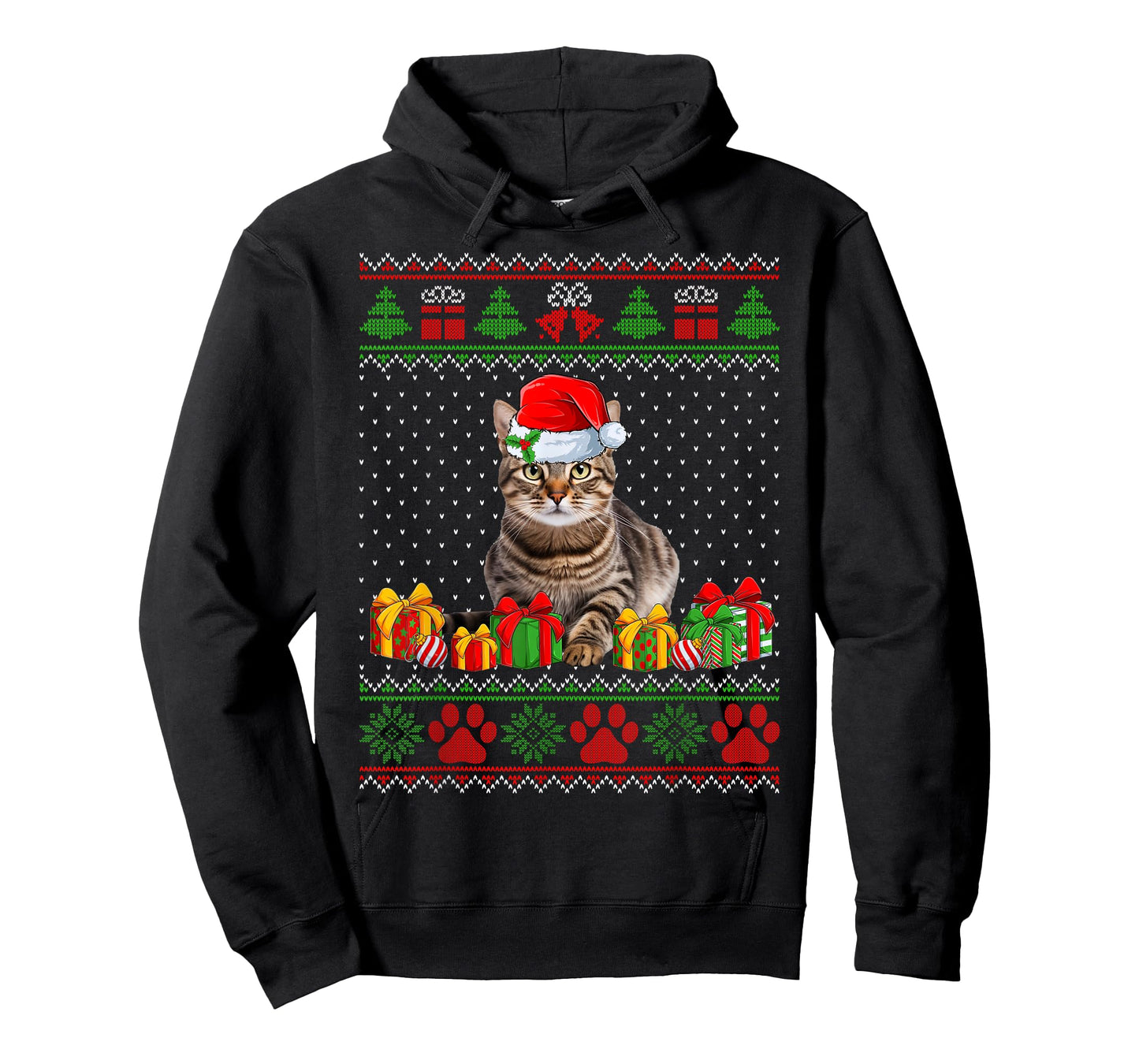 Funny Tabby Cat Santa Hat Ugly Christmas Sweater Xmas PJS T-Shirt for Men Women Kids