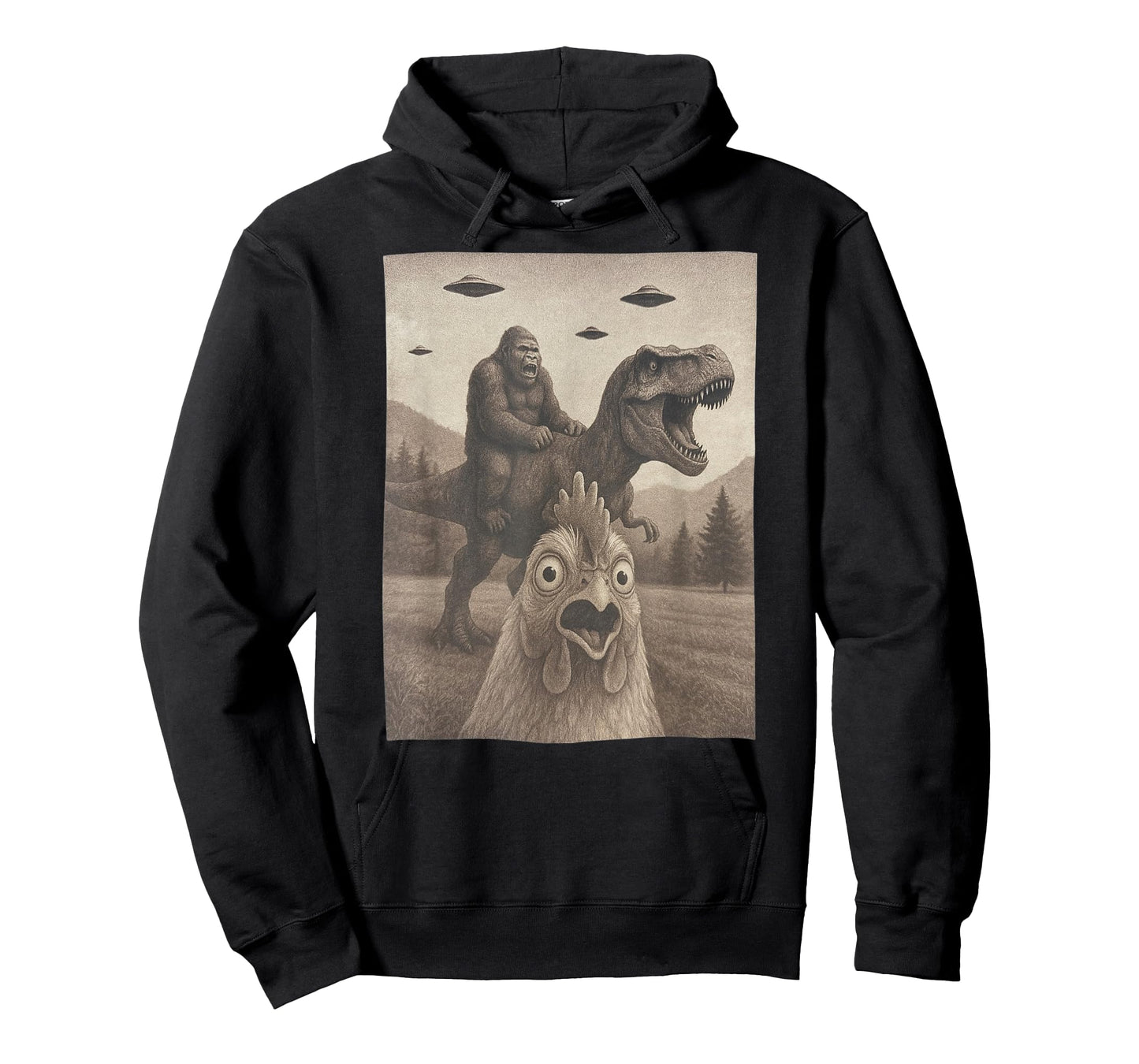 Funny Chicken Shirts, Chicken Selfie Bigfoot Riding T rex T-Shirt