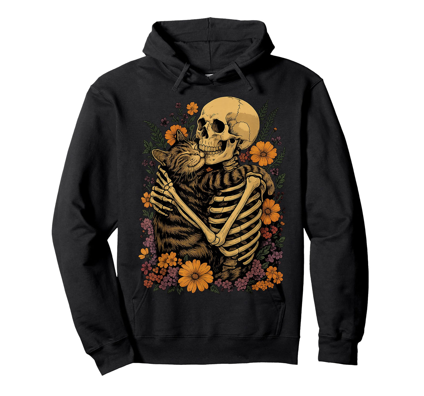 Skeleton Hugging Cat Floral Halloween Cats Lover T-Shirt