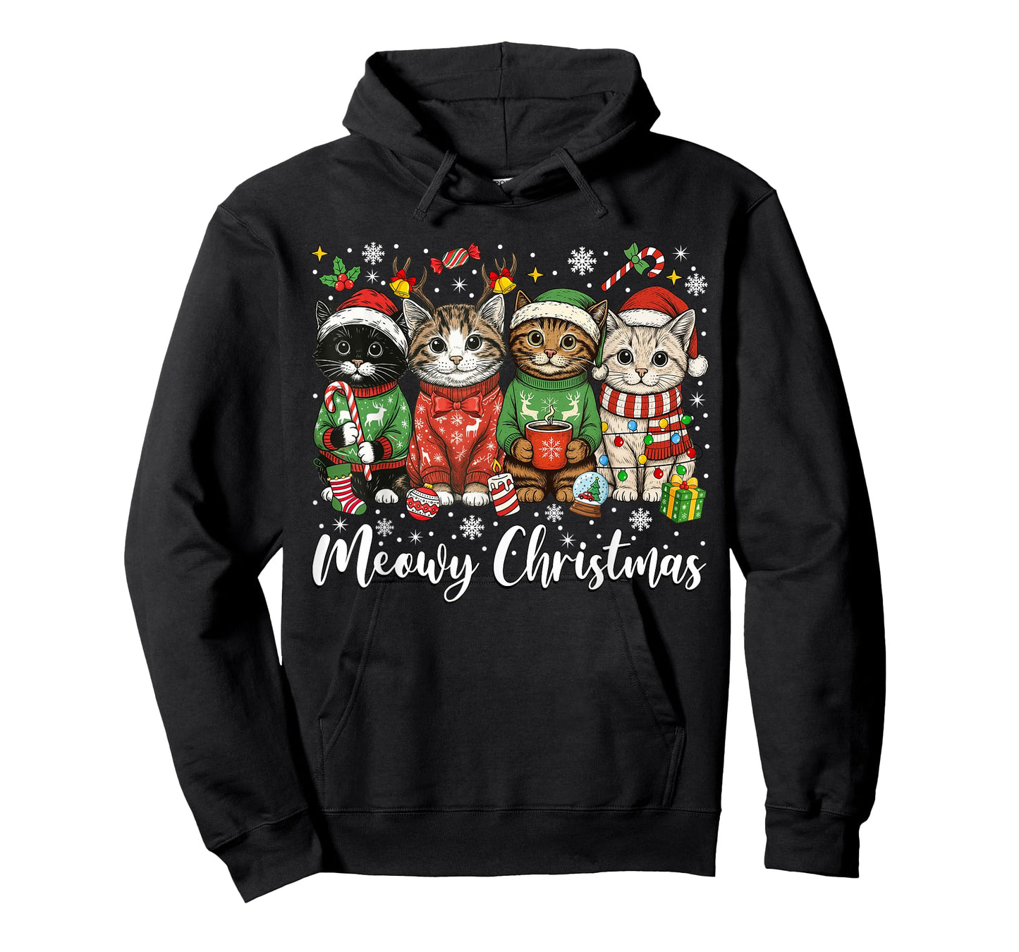 Cute Cats Meowy Christmas Light Santa Hat Merry Catmas Xmas T-Shirt