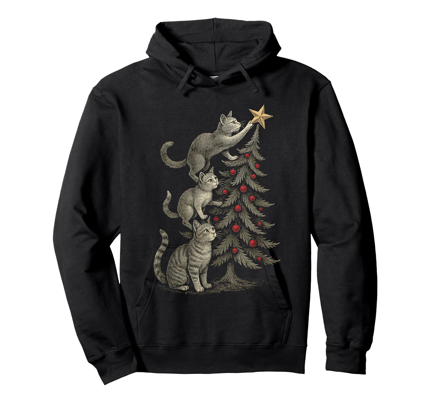 Cute Vintage Cats Putting Star on Tree Christmas Cat T-Shirt