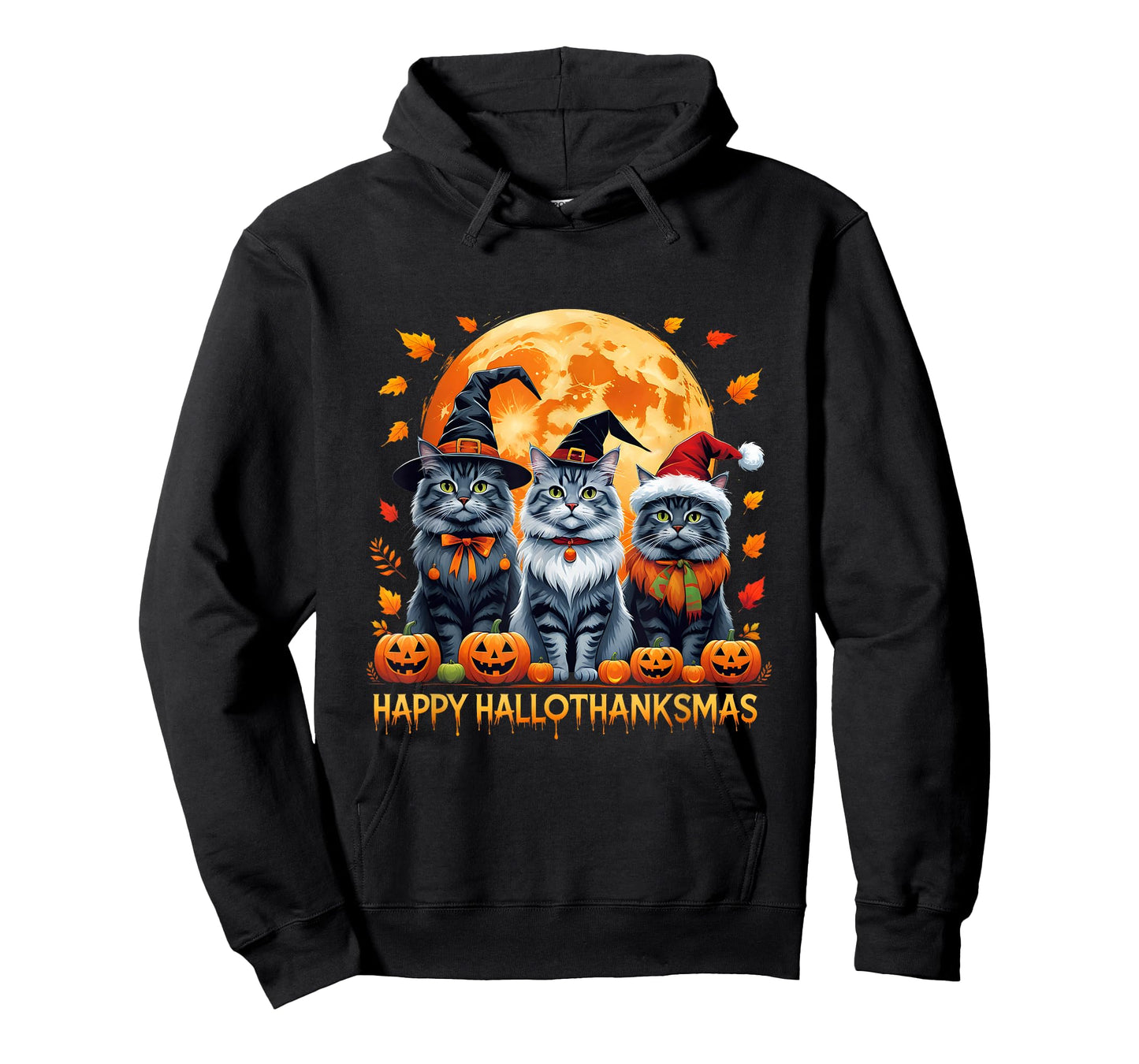 Happy Hallothanksmas Halloween Thanksgiving Christmas Cats T-Shirt