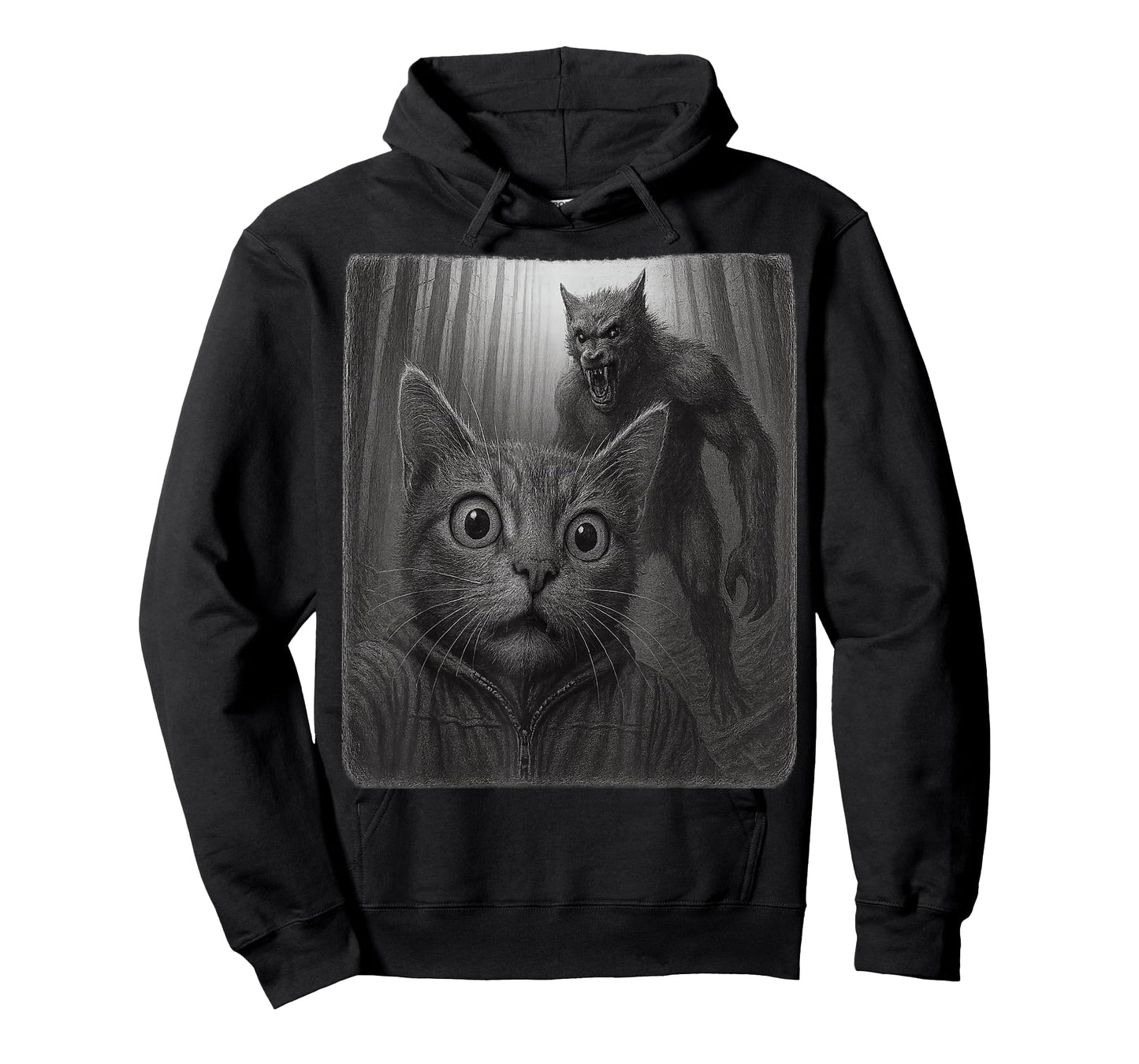 Funny Scared Cat Taking A Selfie with Cryptid Wolfman T-Shirt