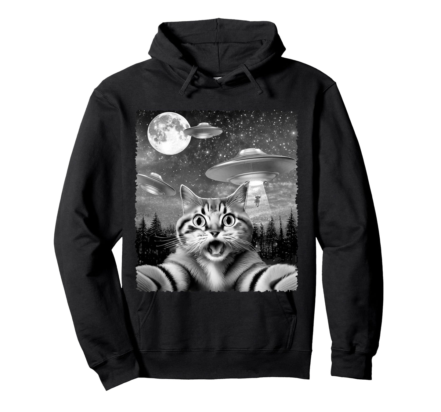 Funny Alien Cat Selfie with UFOs Gift Idea Men Women Kids Long Sleeve T-Shirt