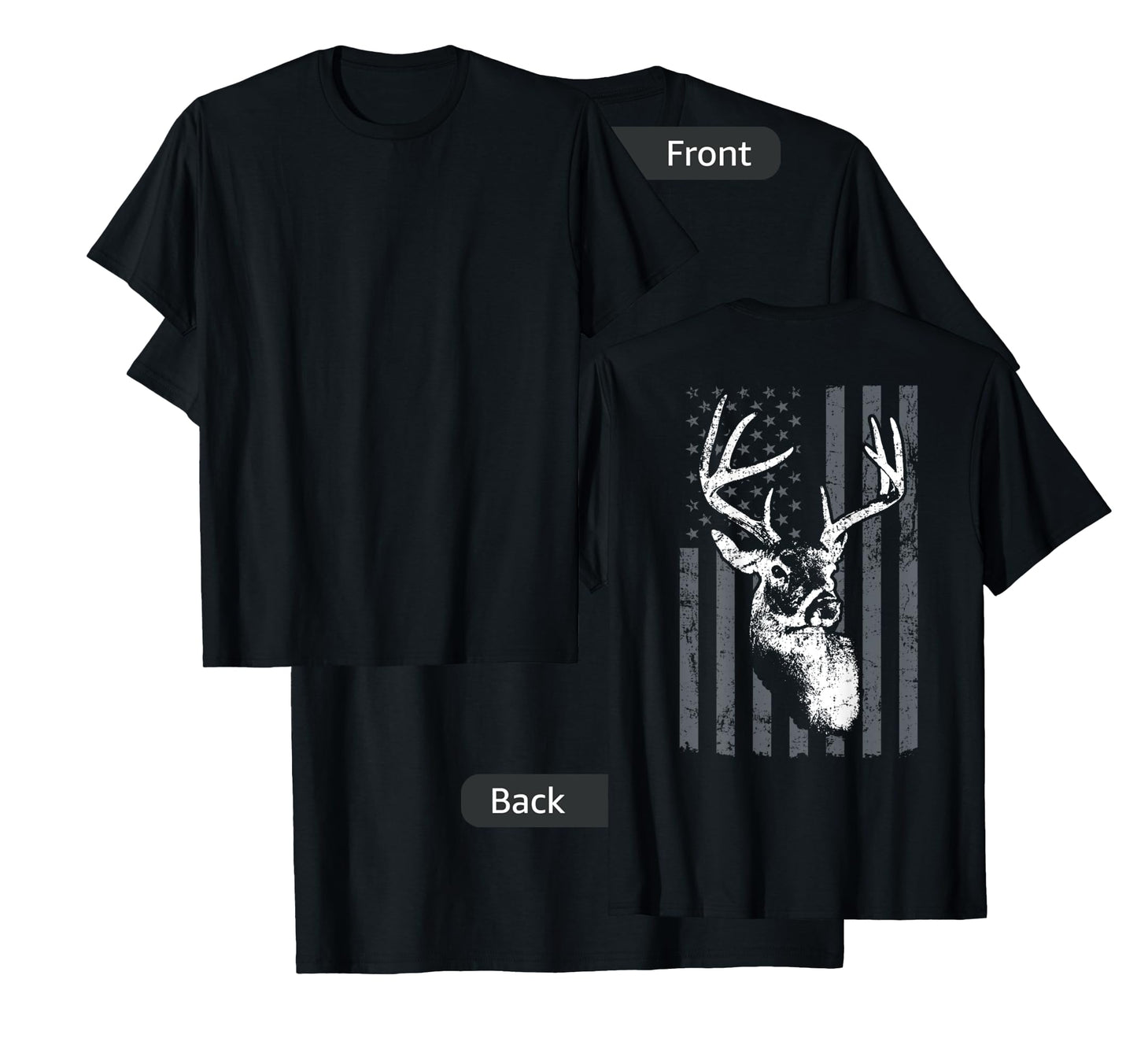 Whitetail Buck Deer Hunting USA Grey American Flag - ON BACK Women Kids Men T-Shirt