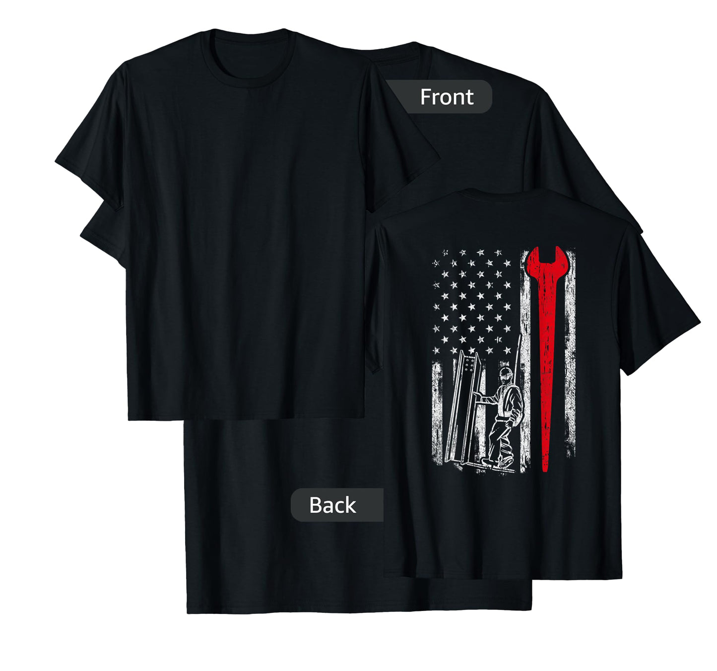 American USA Flag Ironworker Design On Back Vintage Novelty T-Shirt