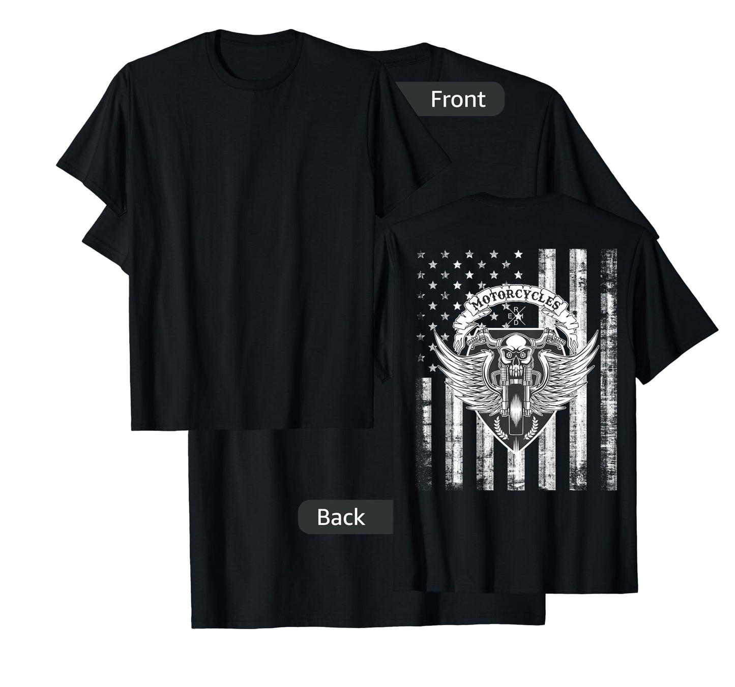Biker Motorcycle Skull Distressed USA Flag Grunge - on Back T-Shirt