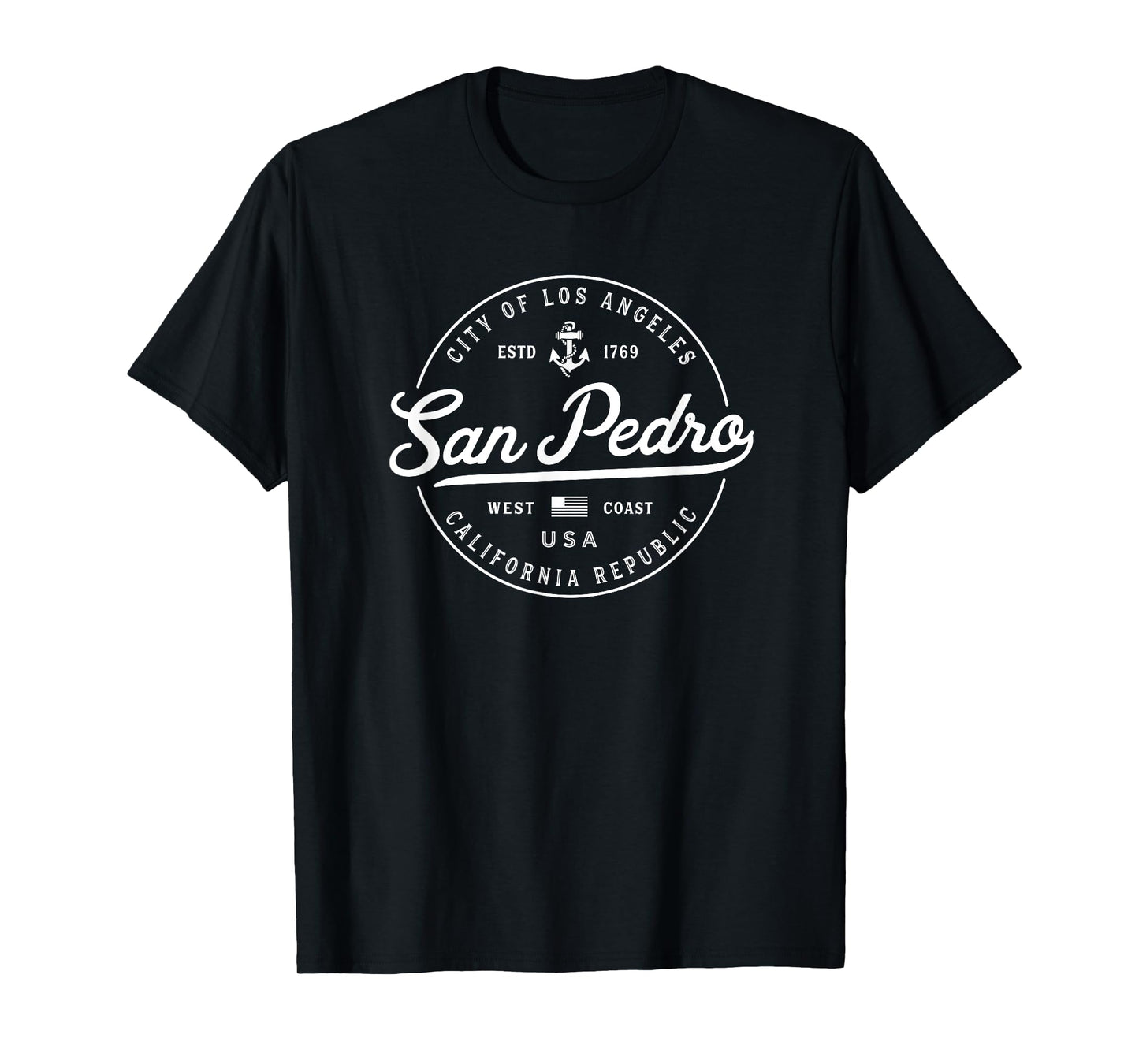 San Pedro California Souvenirs & Gifts Nautical Anchor T-Shirt, Unisex-Youth, Black, Small, Short Sleeve