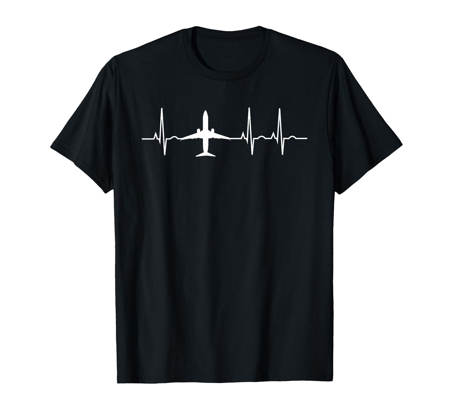 Airplane Pilot Heartbeat EKG Apparel Men's Black Cotton Polyester Modern Graphic T-Shirt with Airplane ECG Design, Short Sleeve, Crew Neck, Classic Fit, Pull On, Straight Hemline, Adult Size Small