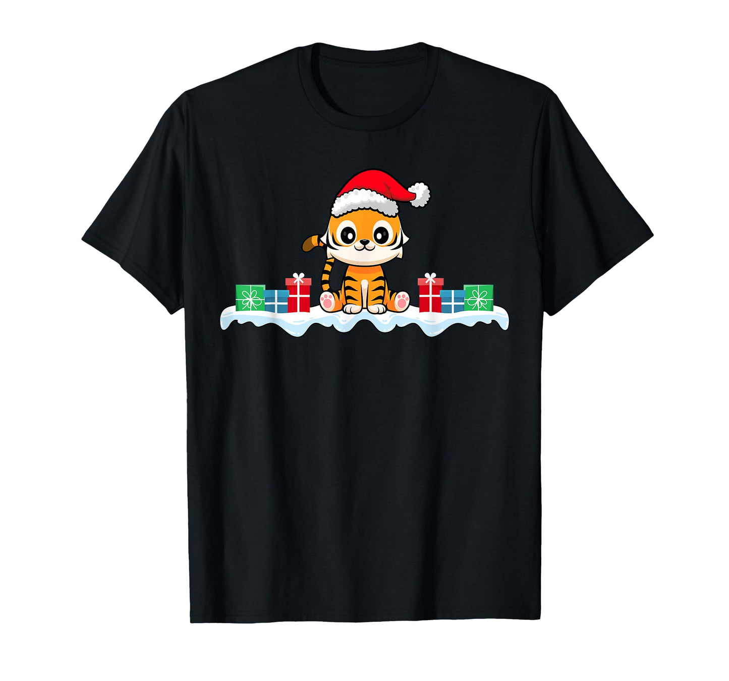 Kawaii Tiger Wearing Santa Hat Xmas Tiger Lover Christmas T-Shirt