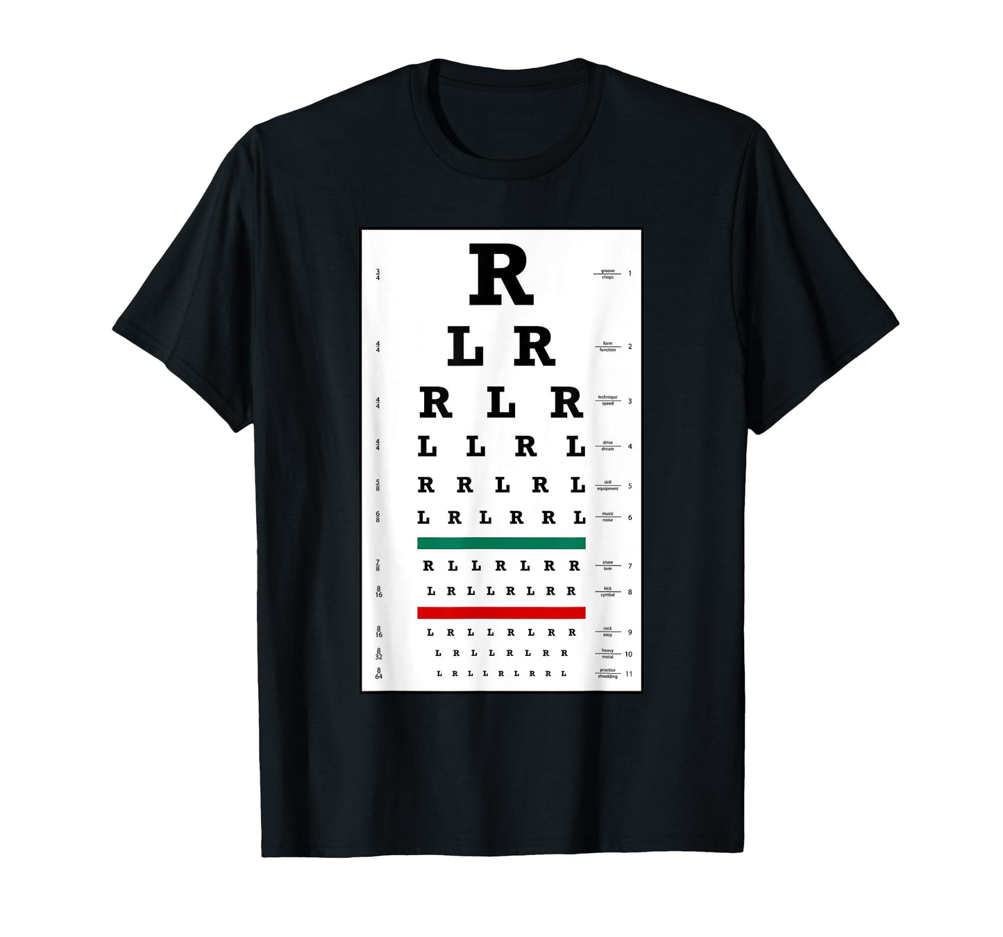 Funny Drummer Eye Chart with Paradiddle Rudiments Drum Humor T-Shirt