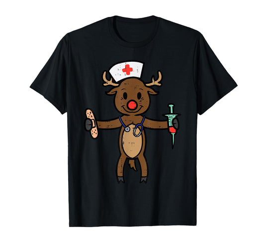 Christmas Nurse Reindeer Funny Xmas Nursing Scrub Top Women T-Shirt