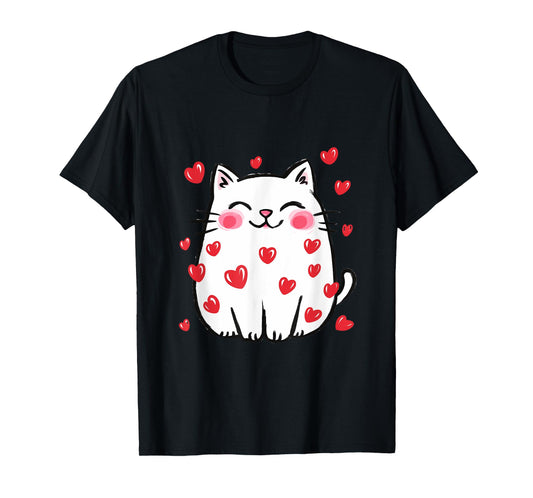 Cute Valentine Cat Red Hearts Cats Lover White Kitten T-Shirt