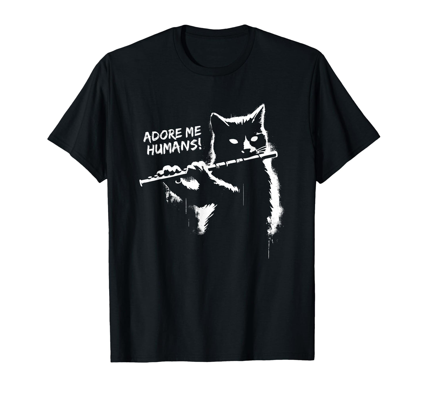 Retro Cat Apparel Gifts Black Cat Playing Flute - Funny Graphic Cat Kitten Lover T-Shirt, Small