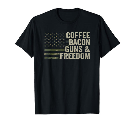 Coffee Bacon Guns & Freedom - BBQ Grill Gun Camouflage Flag T-Shirt