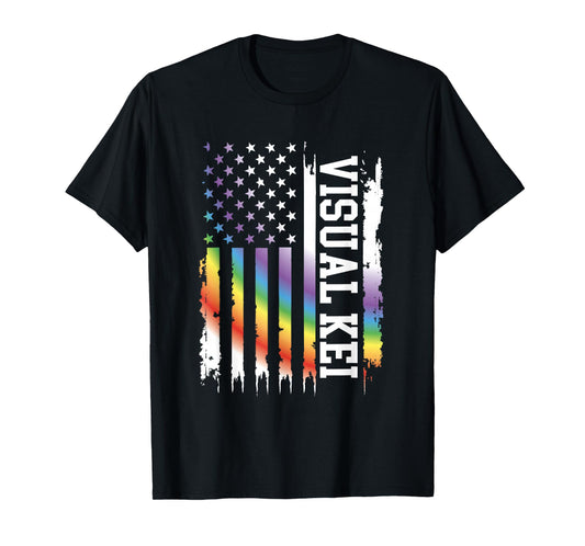 Visual Kei United States Distressed Rainbow w US Flag T-Shirt