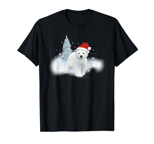 Cute Christmas Polar Bear Red Santa Hat Lighted Tree Snow T-Shirt