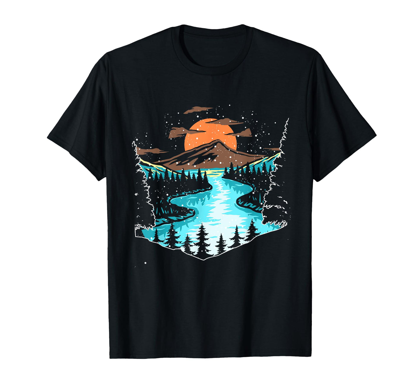 Wildlife Mountain River Outdoor Nature Full Moon Tree Forest T-Shirt
