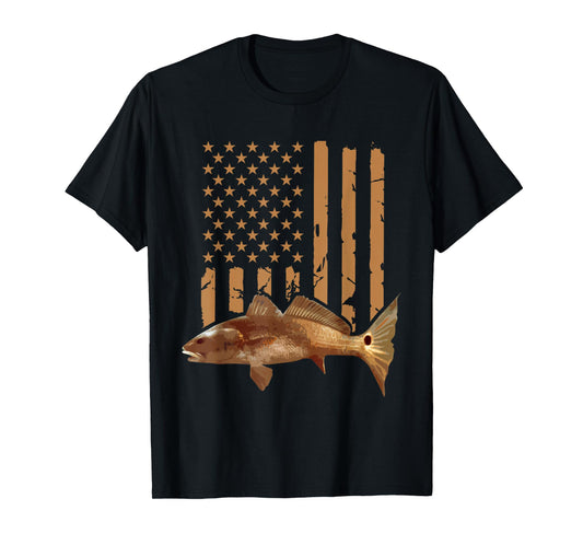Redfish Fishing Red Drum Tailing USA American Flag Fisherman T-Shirt