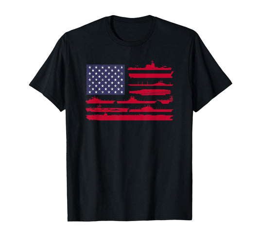 American Flag and Naval Ships - Patriotic Military Shirt T-Shirt
