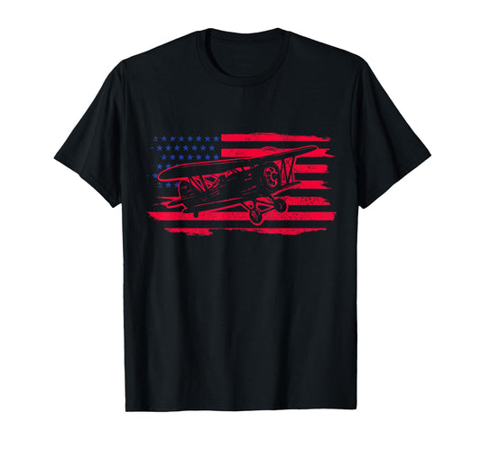 Airplane Pilot Vintage Flag Double Decker Aviation T-Shirt