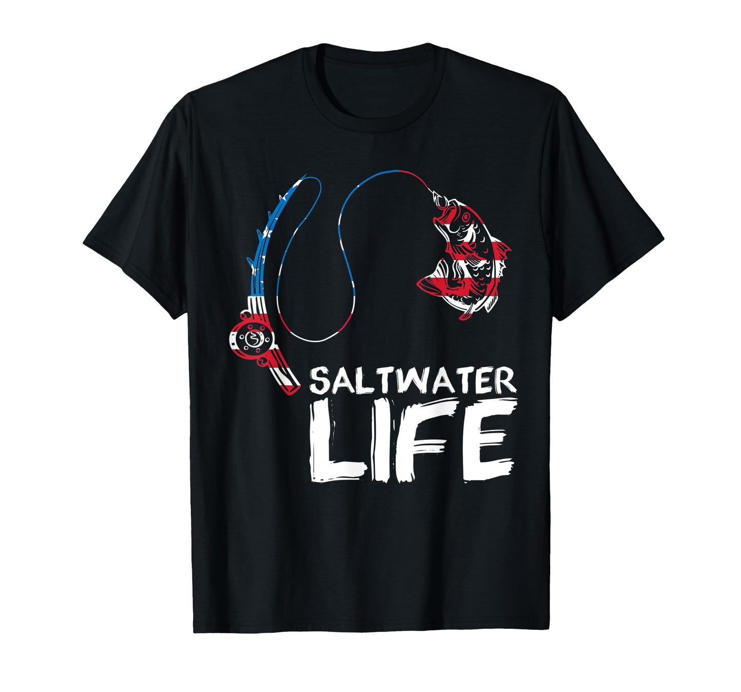 Saltwater Life US Flag Fishing Rod Bass Fishing Fish Catcher T-Shirt