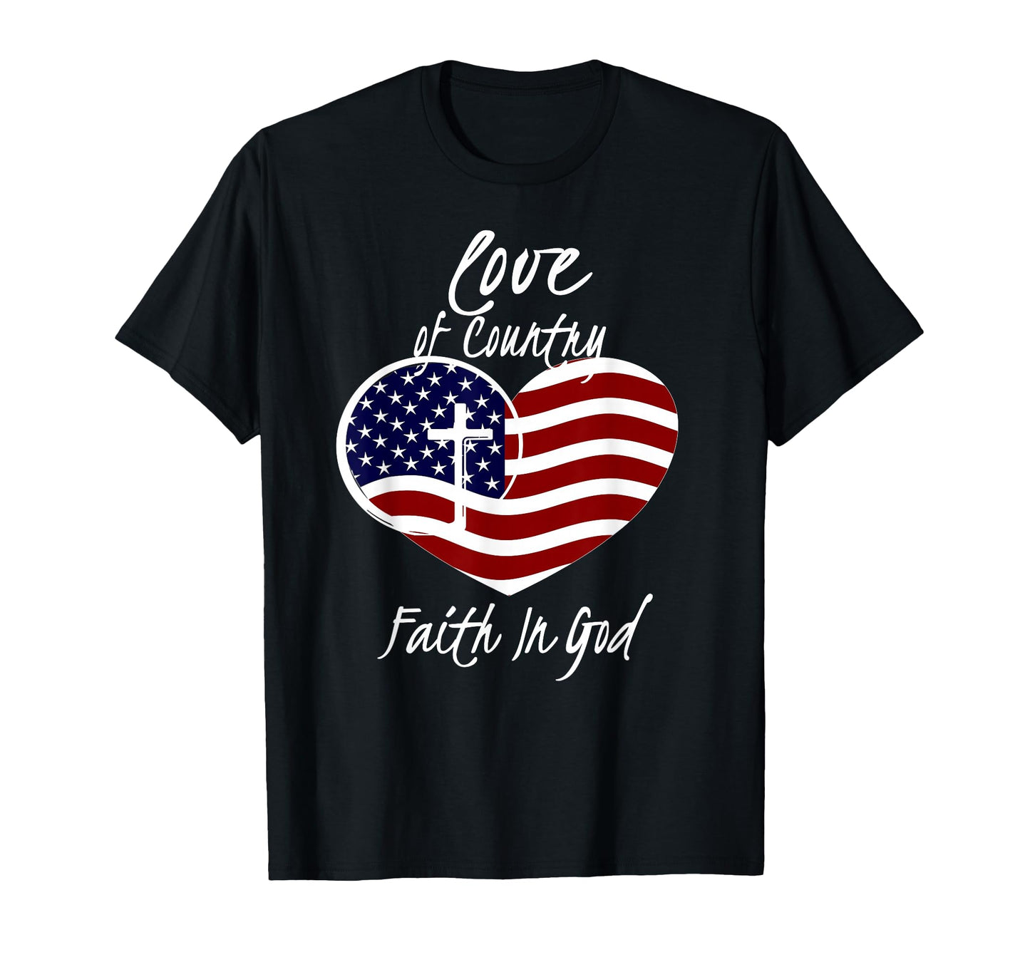 Patriotic Christian Faith in God Heart Cross American Flag T-Shirt Small