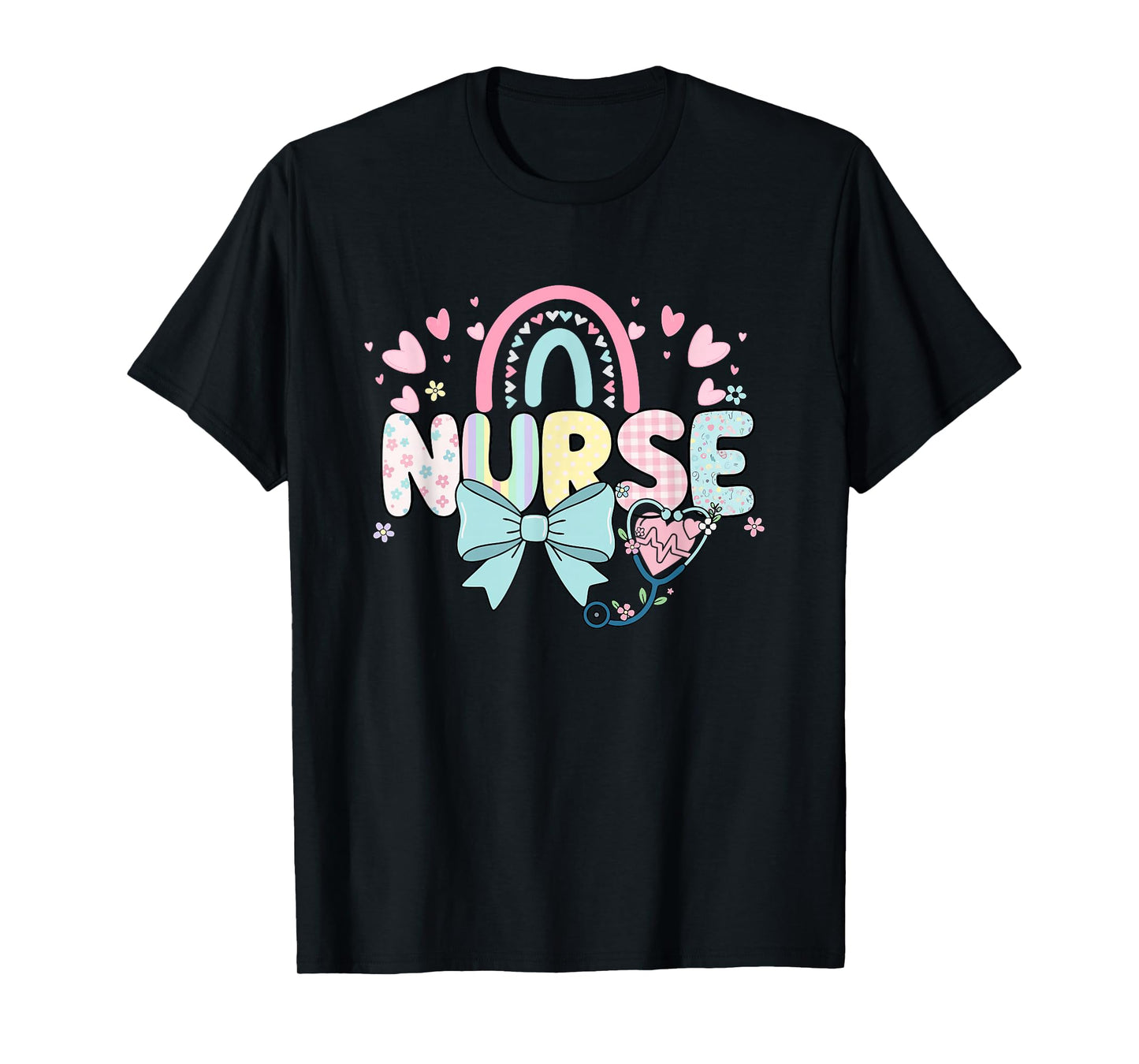 Colorful Nurse Rainbow Bow Stethoscope Heart Design T-Shirt
