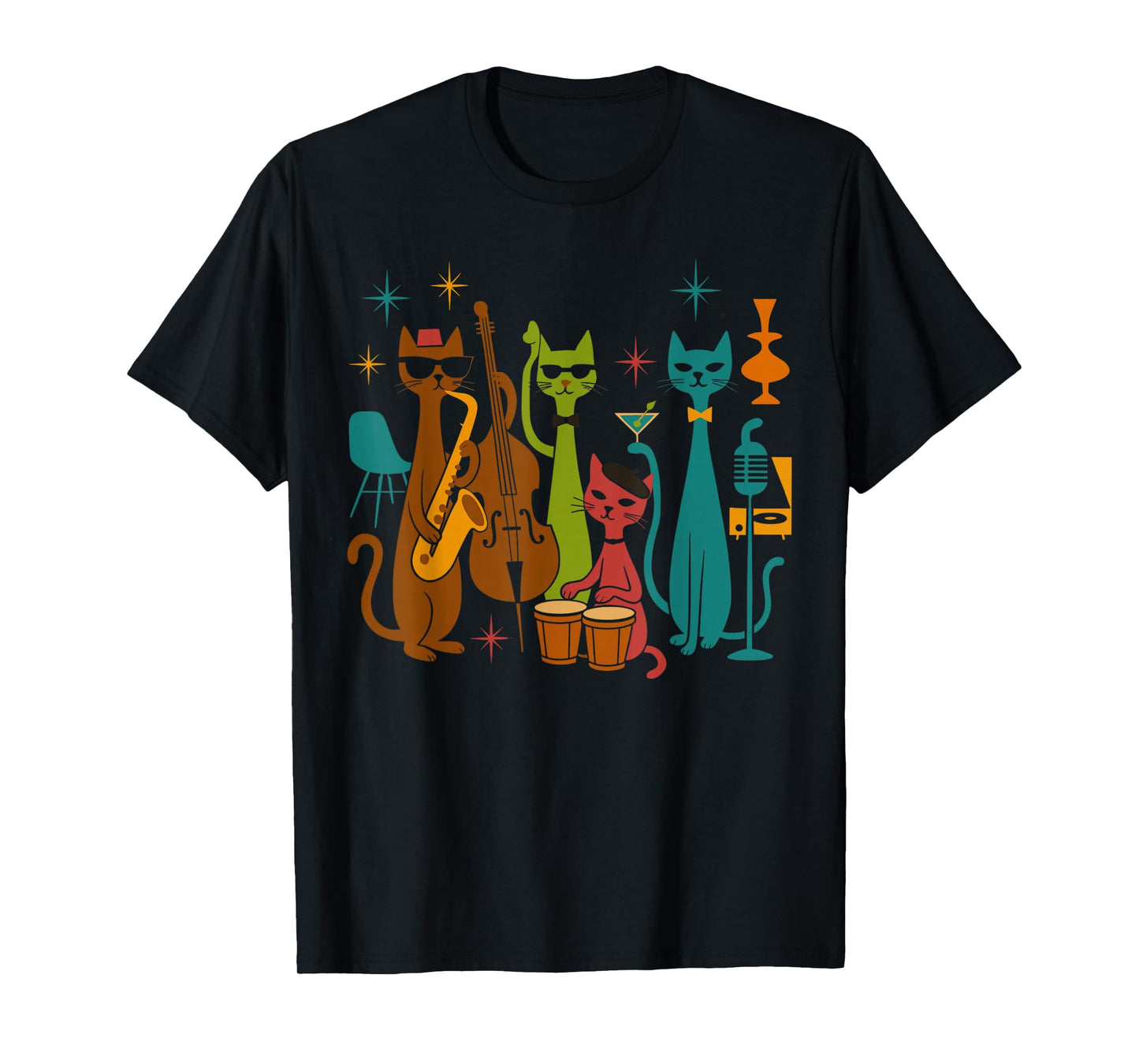 Vintage Mid Century Modern Look Cat Band 50s 60s Style T-Shirt