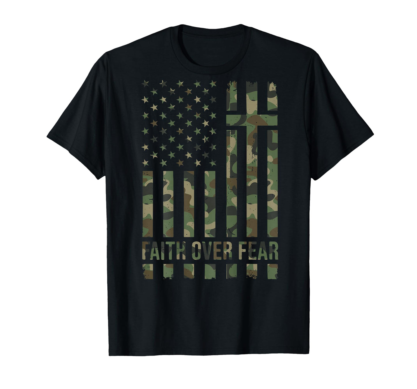 Camo Faith Over Fear Christian Patriotic Cross American Flag T-Shirt