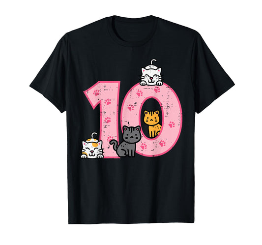 10th Birthday Cats On Number 10 Kawaii Bday Kitten Girls Kid T-Shirt